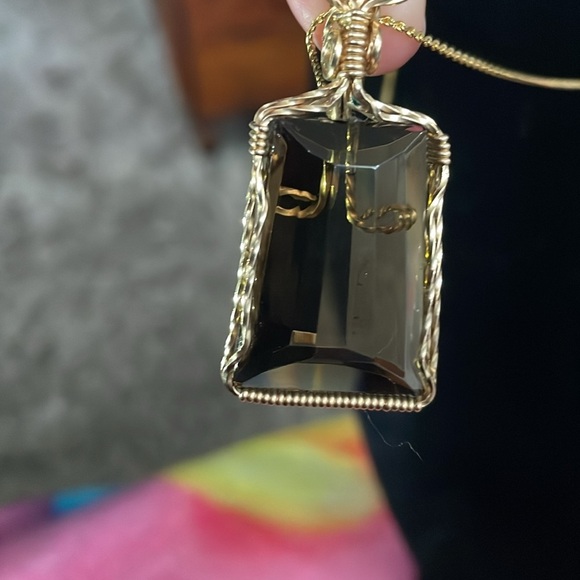 Gold Wire Wrapped brown glass Pendant Necklace - Picture 4 of 5